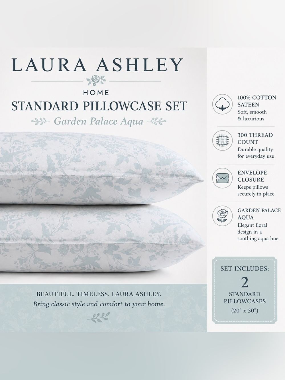 Laura Ashley Home - Standard Pillowcase Set, Cotton Sateen Garden Palace Aqua